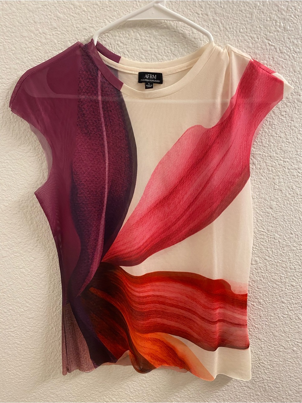 AFRM Women's Cream Cap-Sleeve Top with Red & Purple Floral Brushstrokes